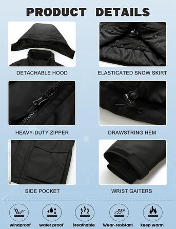 Сніговий костюм HOUZONIY для чоловіків: сноуборд, лижі, чорний, з капюшоном