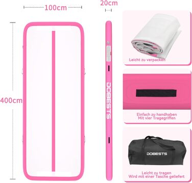 Мата для гімнастики DOBESTS Airtrack Matte, 400x100x20 см, рожева. Розвиваючий килимок для акробатики, йоги, фітнесу, тренувань вдома та на вулиці з насосом та сумкою.