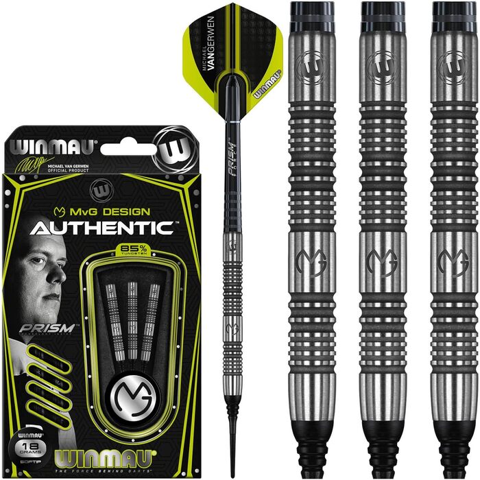 Дартс набір WINMAU Michael Van Gerwen MvG Authentic 22г, професійний, вольфрамовий, Softip, з оперенням і стрижнями