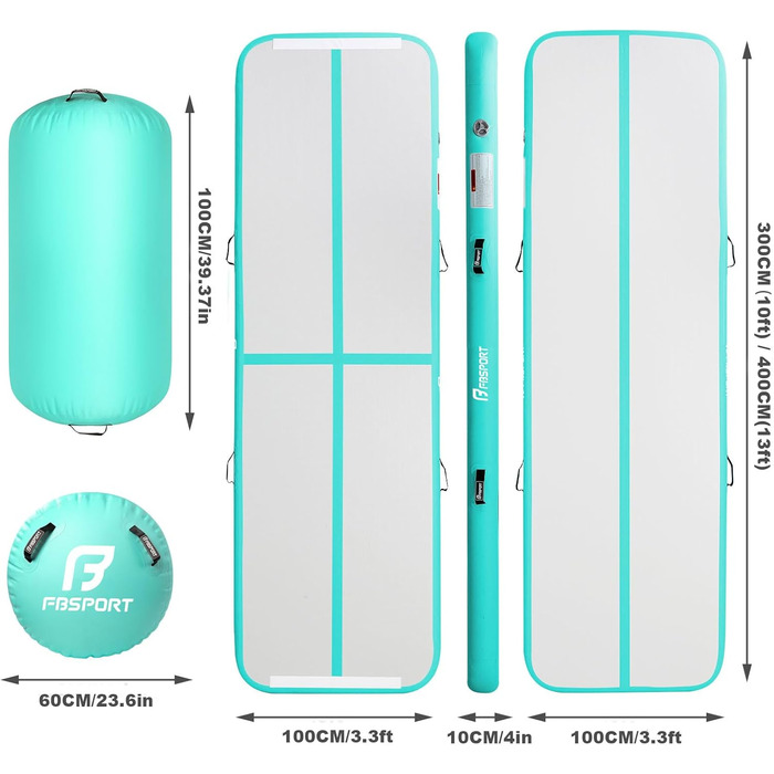 FBSPORT Килимок для гімнастики та йоги з повітряною ролкою, 400x100x10 см (зелений)