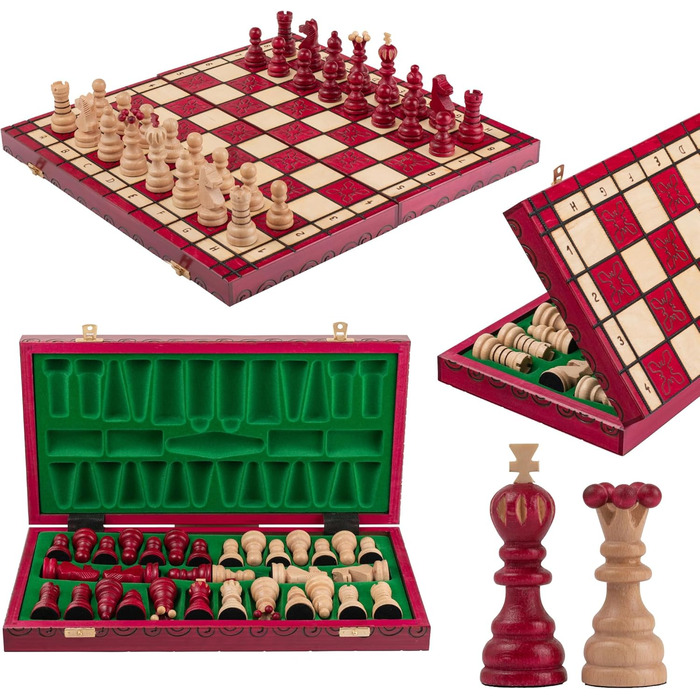 Шаховий набір Intarsien Pearl XL з вишневого дерева | Master of Chess | Класичний шаховий набір 42 см для дітей та дорослих | Шахове поле з фігурами (Червоний XL)