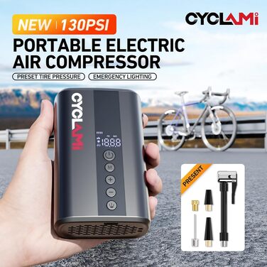 Електрична велосипедна насосна помпа CYCLAMI 130 PSI з акумулятором, для шосейних та гірських велосипедів, підходить для Presta та Schrader вентилів