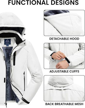 Спортивна куртка Rdruko для чоловіків: тепла зимова куртка, сноубордистська куртка з флісовою підкладкою, водонепроникна функціональна куртка для активного відпочинку та походів з капюшоном, колір білий