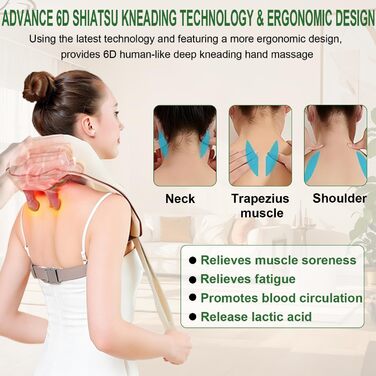 Масажер для шиї та спини з підігрівом Shiatsu 6D бездротовий, кремовий колір - глибокий масаж для зняття болю в шиї, спині, ногах та попереку