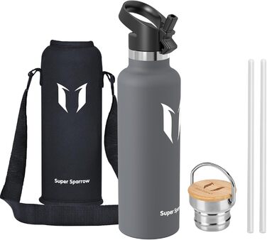Фляга Super Sparrow з нержавіючої сталі - 350мл/500мл/620мл/750мл/1л - Без витоку, термос, BPA-Free, для дітей, спорту, школи, фітнесу - з 2 кришками, сірий колір