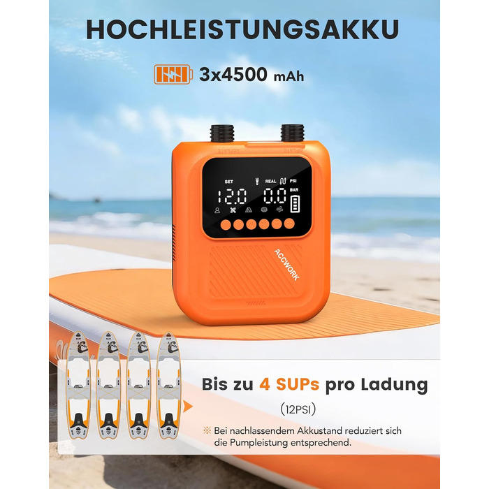 Аккумуляторний електричний насос для SUP дошки Accwork 20 PSI з адаптерами (каяк, надувний матрац)