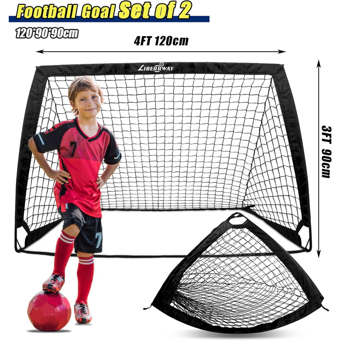 Набір футбольних воріт для дітей LIBERRWAY 120x90x90 см (2 шт.) з 6 фігурками та сумкою, чорний