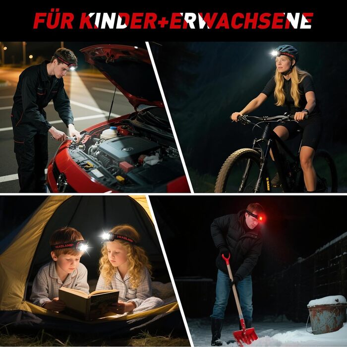 Ліхтар на лоб LED Winzwon, перезаряджуваний, 8 режимів, датчик, для риболовлі, кемпінгу, невідкладних ситуацій (для дорослих та дітей)