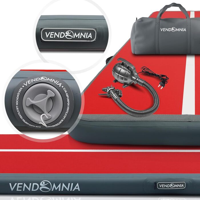 Надувний гімнастичний мат VENDOMNIA Airtrack Matte, 10/20 см заввишки, довжиною 1/2/3/4/5/6/7/8 м, з електричним насосом та сумкою. Ідеально для гімнастики, акробатики, фітнесу, йоги та тренувань. Колір: червоно-сірий, розмір 400*100x20 см