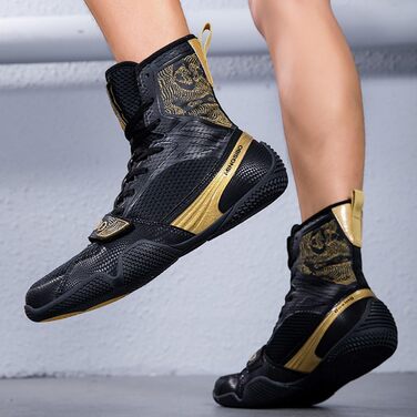 Боксерські черевики для чоловіків та жінок, професійні для змагань, тренувань, чорно-золоті (45 EU)