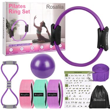 Pilates Ring набір з м'ячем, еспандером у формі вісімки, гумовим еспандером та фітнес-постером – обладнання для домашніх тренувань, фітнесу та йоги, фіолетовий колір