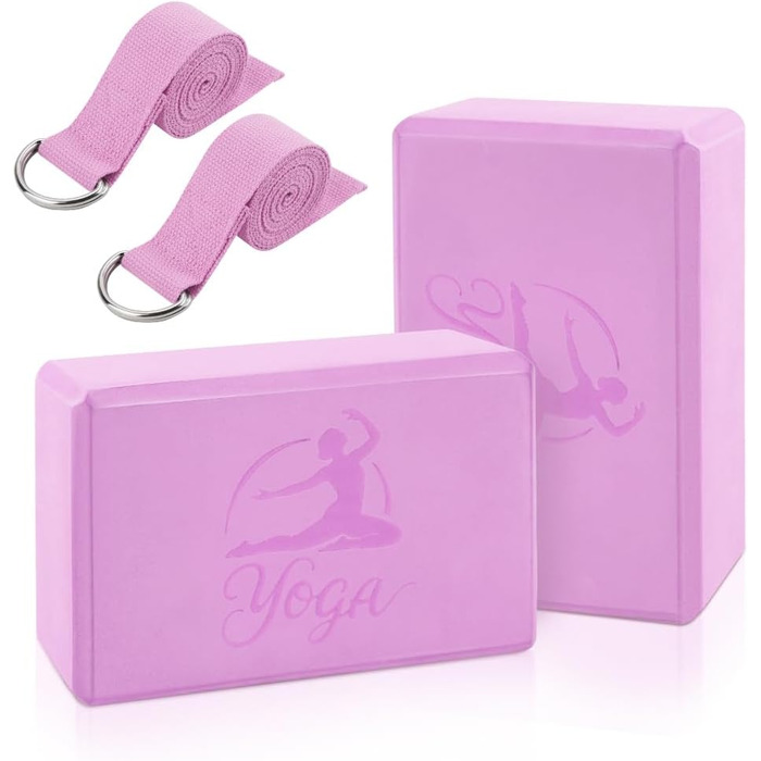 Набір для йоги: 2 блоки EVA + 2 ремені для йоги (рожеві), 22.9х11.4х9.5 см, щільний пінопласт, без латексу, для пілатесу та стречингу