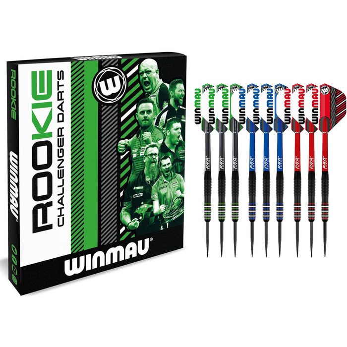 WINMAU Rookie набір латунних дротиків з крилами, стрижнями та ексклюзивною брошурою, синій, червоний, зелений