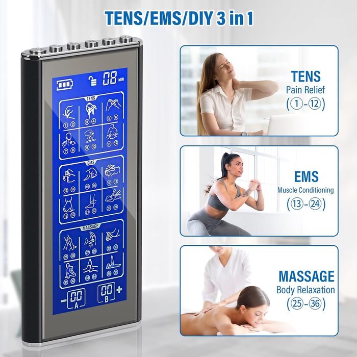 Пристрій TENS/EMS для зняття болю: 3-в-1 Reizstromgerät з 36 режимами, електрична стимуляція нервів, 2 канали, 10 електродів для рук, ніг, спини, плечей (чорний)