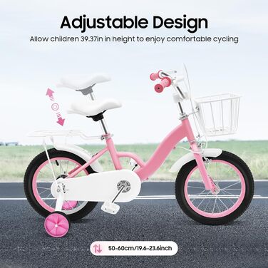 Дитяче велосипед 14 дюймів з додатковими колесами та кошиком, рожевий. Підходить для дітей 3-7 років, регульована висота сідла.