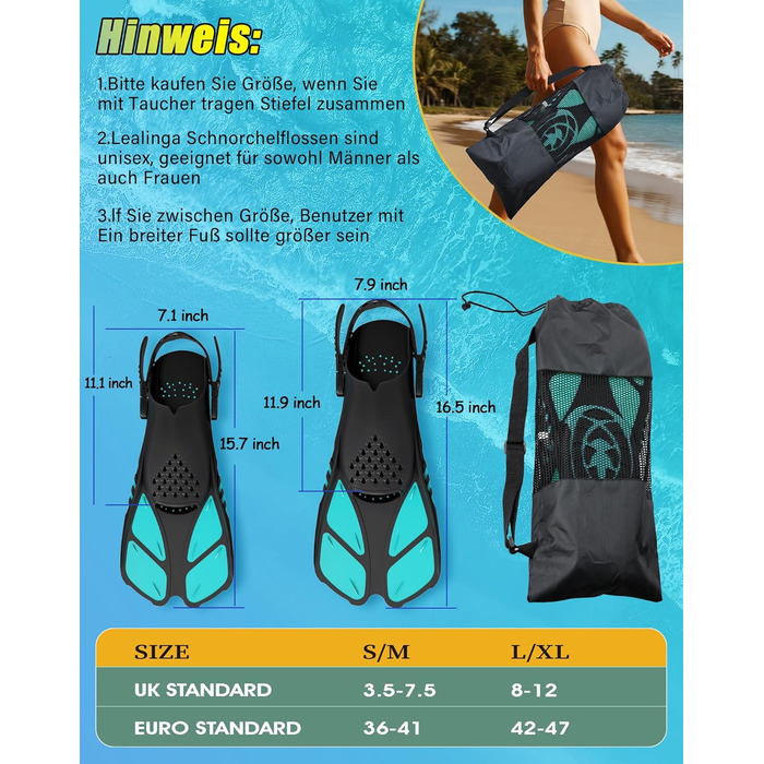 Ласти для плавання Schnorchelflossen регульовані, дорослі, компактні (S/M, темно-зелені) для дайвінгу, снорклінгу та тренувань з сіткою