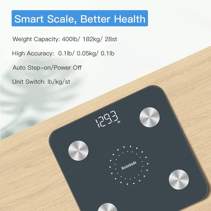 Ваги Homebud з аналізом складу тіла, високоточною вагою, Bluetooth-синхронізацією через додаток, вимірюванням 13 параметрів, до 180 кг, LED-дисплей, сині