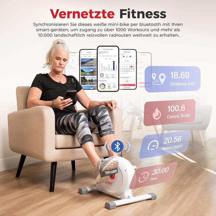 Магнітний міні-велотренажер Sunny Health & Fitness Smart — компактний педальний тренажер під стіл для літніх людей та кардіо-тренувань вдома (Білий)