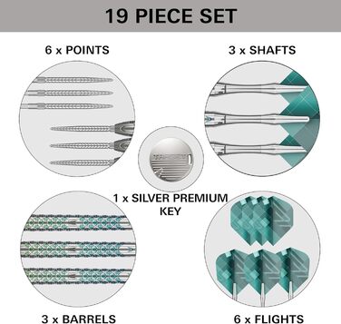 Професійний набір дротиків Target Darts Rove Swiss Point 90% вольфраму, сталевий наконечник, зелено-сріблясті, 22-25 г, з інструментом