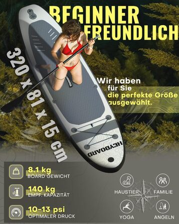 Надувна SUP-дошка HEYBOARD 320x81x15 см з аксесуарами: рюкзак, регульоване весло, ручний насос, страхувальний шнур, знімний плавник