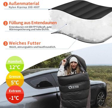 Спальний мішок пуховий зимовий, 600FP+ Premium, 12°C - -24°C, легкий та теплий, 3-4 сезони, для кемпінгу, трекінгу, чорний