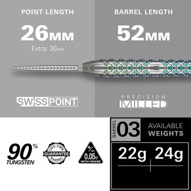 Професійний набір дротиків Target Darts Rove Swiss Point 90% вольфраму, сталевий наконечник, зелено-сріблясті, 22-25 г, з інструментом