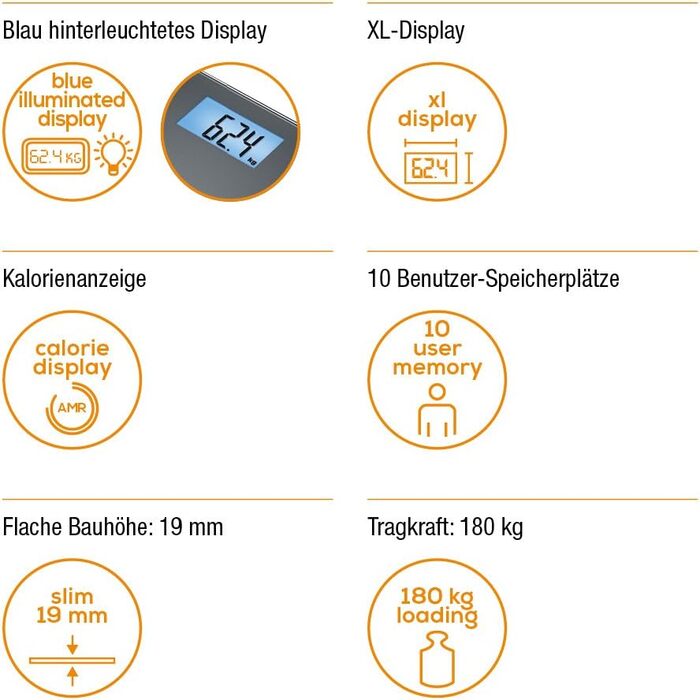 Діагностичні ваги Beurer BF 180, вимірювання жиру, ІМТ, велика LCD, чорні