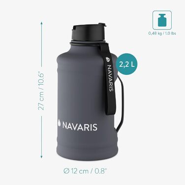Navaris Фітнес-пляшка для води 2,2 л з ручкою, спортивна пляшка з нержавіючої сталі, темно-сіра, XXL фляга для тренувань та спорту