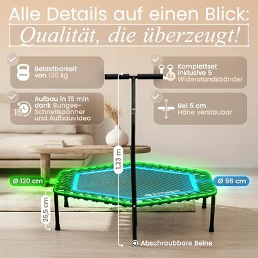 Батут фітнес для дорослих Ø120 см до 150 кг з ручкою та гумовими стрічками | Minitrampolin Rebounder