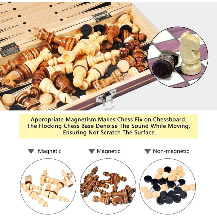 Шаховий набір Nikou: дерев'яне складане шахове поле з магнітними фігурами для подорожей, дітей та дорослих. Шахи для розвитку інтелекту та гри на вулиці.