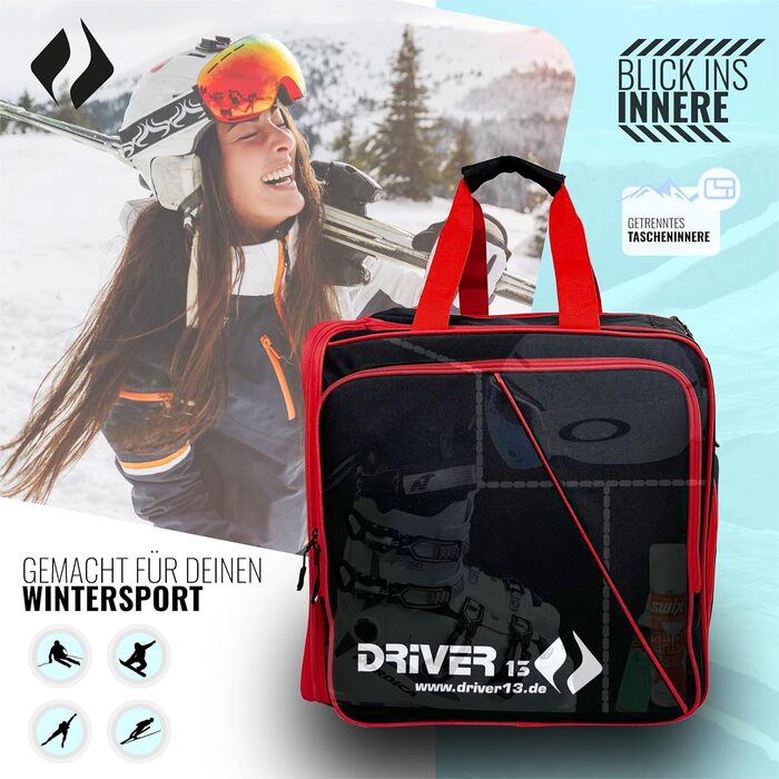 Рюкзак для лижних черевиків Driver13 з відділенням для шолома. Підходить для лиж, сноуборду, роликів та черевиків. Оригінальна модель з 2007 року, чорно-червоний.
