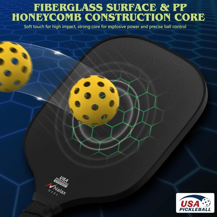 Рікетки для піклболу Nalax з скловолокна, сертифіковані USAPA, з графітовим покриттям, полімерним ядром, 4 м'ячами та сумкою (2 шт.)