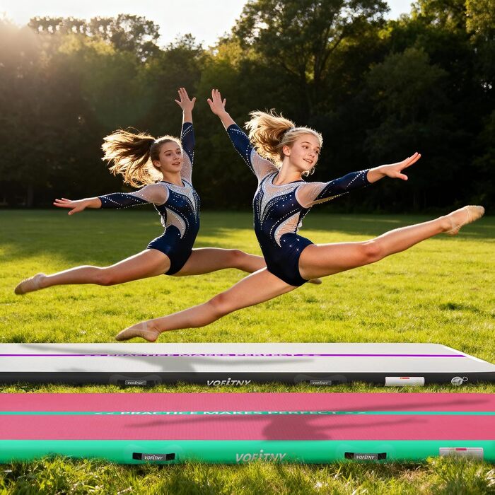 Гімнастичний надувний мат VOFiTNY товщиною 10/20 см для дому, парку, води. Розміри: 3/4/5/6 м. Рожевий/зелений колір.