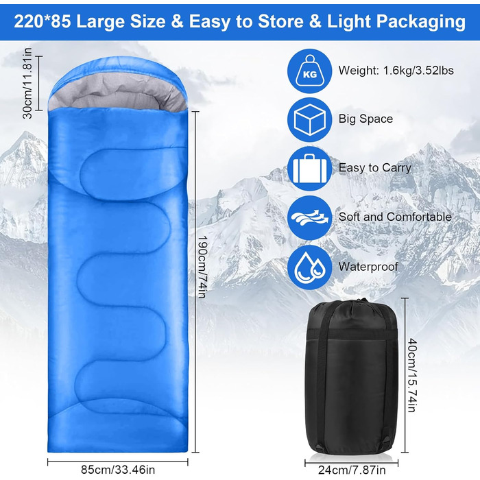 Сплячий мішок 3-4 сезони - 220 x 85 см, водонепроникний, легкий, для кемпінгу та подорожей