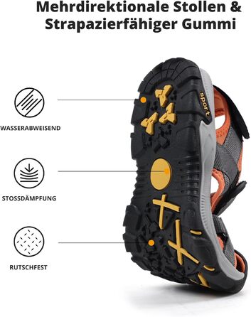 Чоловічі сандалі для пляжу, гір та трекінгу з текстильними ремінцями, водонепроникні, темно-сірі з помаранчевим, 47 EU