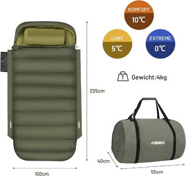 Спальний мішок AGEM для дорослих: 3-4 сезони, 225x100 см, 4-5 кг, для кемпінгу та риболовлі