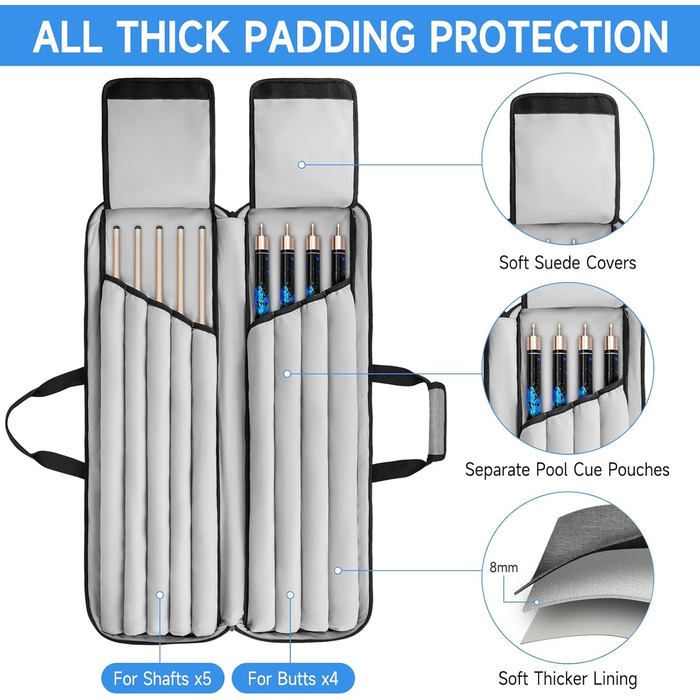 Чохол для більярдних київ на 4 основи та 5 жозлів, сумка для більярдних київ сірого кольору, 14 кишень, з регульованим плечовим ременем (L)