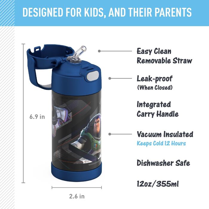 Дитяча термопляшка зі сталі Thermos Funtainer з трубочкою, вакуумна ізоляція, 355 мл, Lightyear, чорна