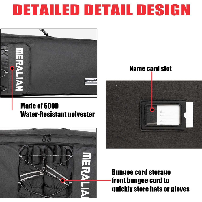Чохол для сноуборду MERALIAN для подорожей літаком, з підкладкою для борду, черевиків, одягу, шолома та спорядження, доступний у розмірах 155 см та 165 см (Чорний/Чорний, 155CM)