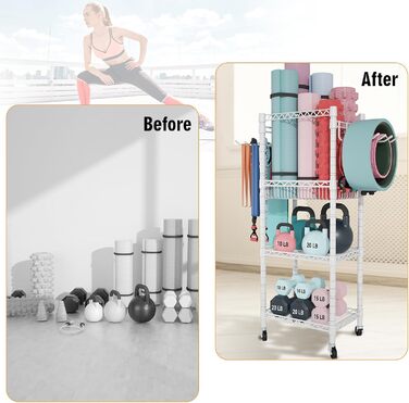 Органайзер для домашнього спортзалу FUTASSI S1, 3 яруси, на колесах, для килимків для йоги, ролерів, гантелей, гир та еластичних стрічок, 120 x 70 x 30 см, білий