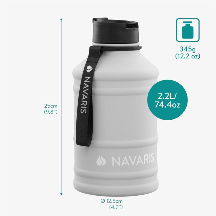 Фляга для фітнесу Navaris 2,2 л: спортивна пляшка з нержавіючої сталі, без BPA, сірий світлий колір