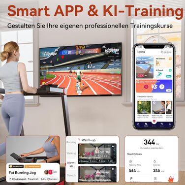 Складана бігова доріжка MJWW для дому, до 158 кг, APP-керування, 2573 Вт, з тренувальними курсами та KI-тренуванням, сумісна з сучасними пристроями