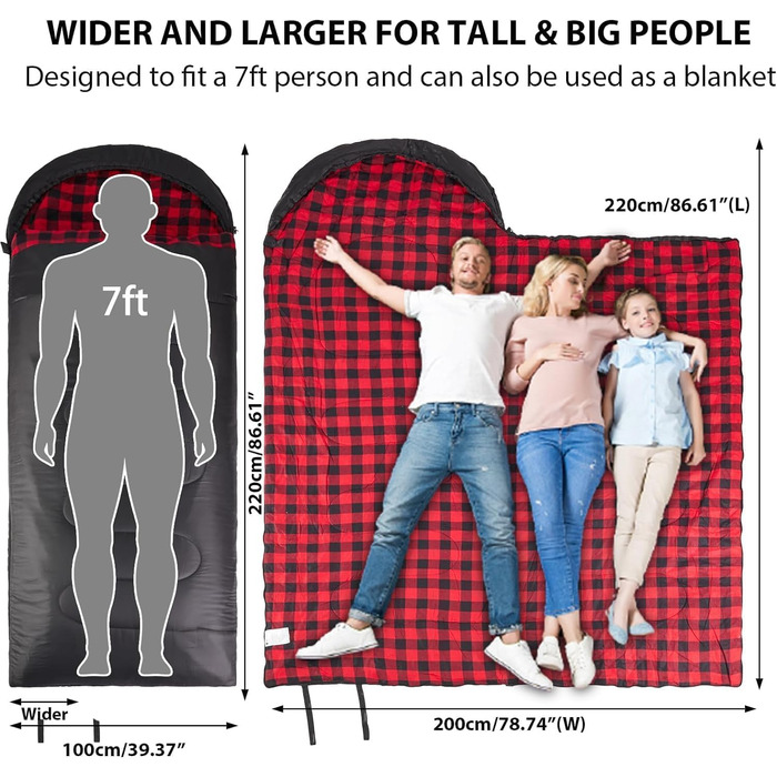 Спальний мішок GEERTOP XXL 4 сезони, фланель, 220x100 см, для дорослих, кемпінг, подорожі, туризм (чорний з червоною клітинкою)