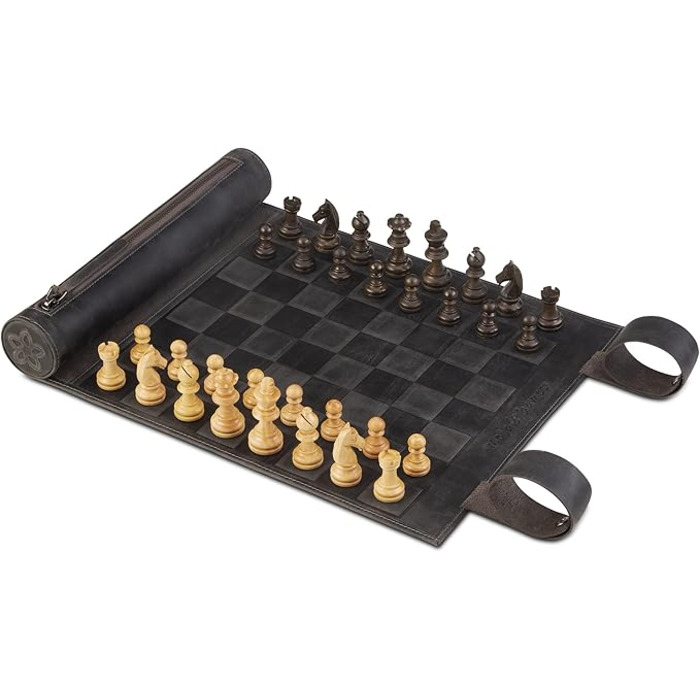 Дорожні шахи Melia Games із натуральної шкіри з дерев'яними фігурами, вінтаж, компактні, ручна робота, з дефектом зовнішнього вигляду (Tobacco)