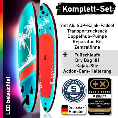 SUP Board BRAST з LED-підсвіткою | Надувний комплект для станд-ап паддлінгу | 320x81x15 см | 4 дизайни | LED-підсвічування (10 кольорів) | 5 років гарантії | 2-в-1: весло + сидіння для каяка | Тримач для Action-Cam, петля для ніг | Гавайський стиль