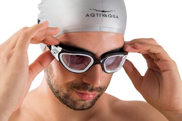 Окуляри плавальні AqtivAqua DX: широкий огляд, UV-захист, антизапіт, герметичні, для басейну та відкритої води, силіконовий ремінець, білі, прозорі лінзи