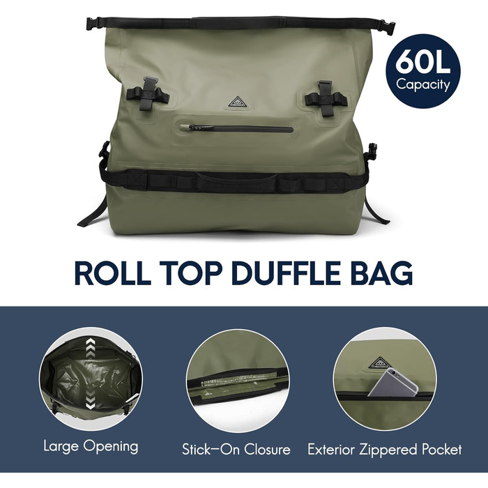 Водонепроникний рюкзак Haimont 60L, RollTop, для пляжу, човнів, каяків, кемпінгу, риболовлі та мотоциклів (армійний зелений)