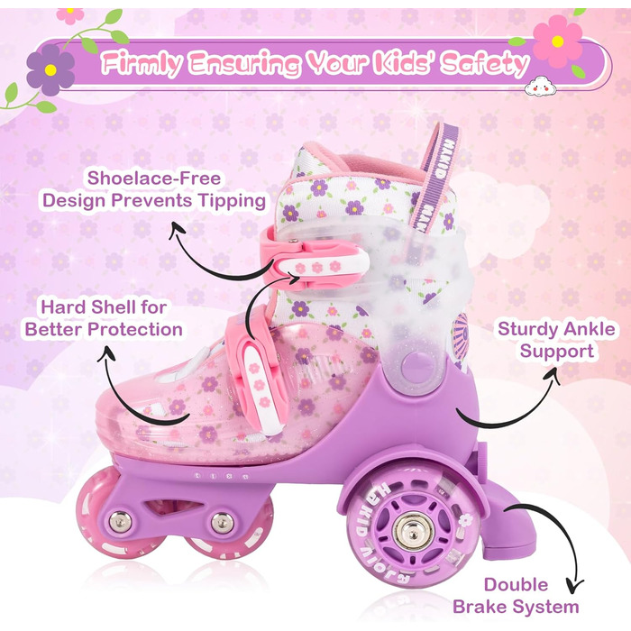 Дитячі ролики для дівчаток, 4 розміри, регульовані, безпечні, з дихаючим матеріалом, квіткові, EU 28-32