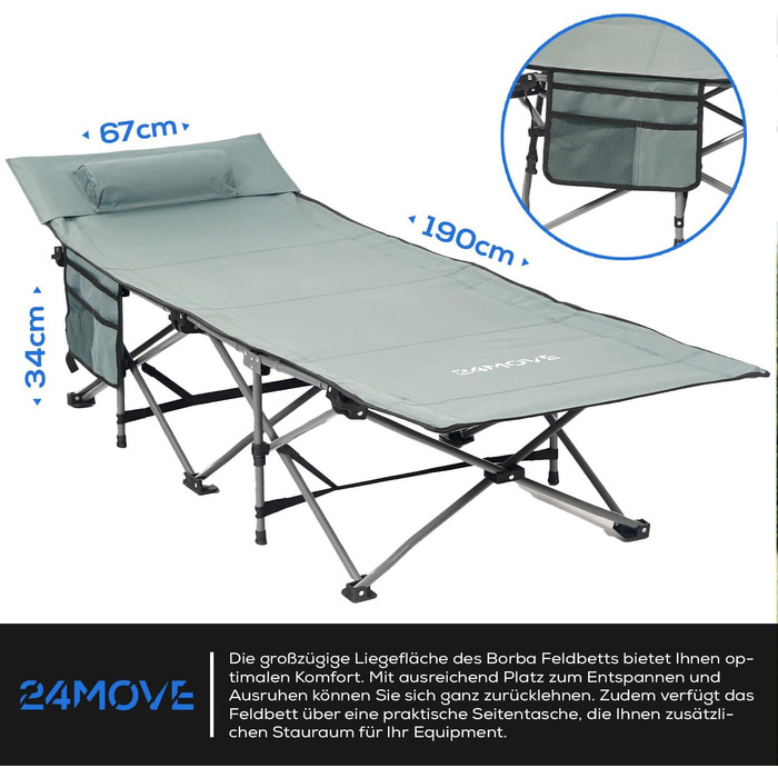 Розкладне ліжко-диван 24MOVE® для кемпінгу та відпочинку на природі, сіре, 190 x 67 x 34 см, до 150 кг