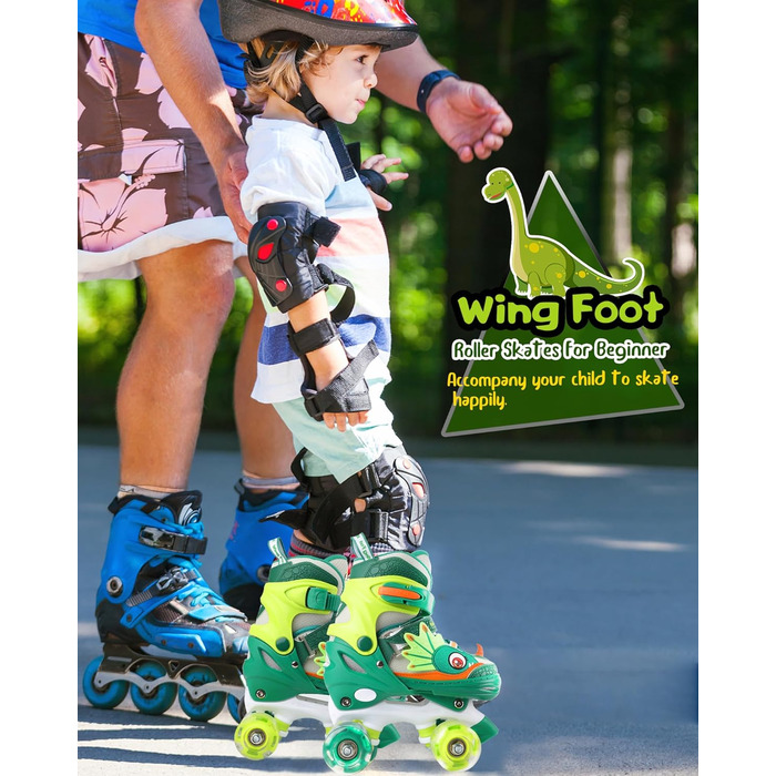 Ролики дитячі Kinder Dinosaurier з підсвічуванням, розмір регулюється, зелені